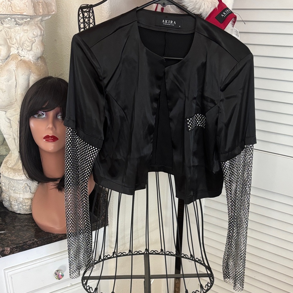 AKIRA Black Satin Cropped Jacket with Mesh Sleeve Rhinestone Detail